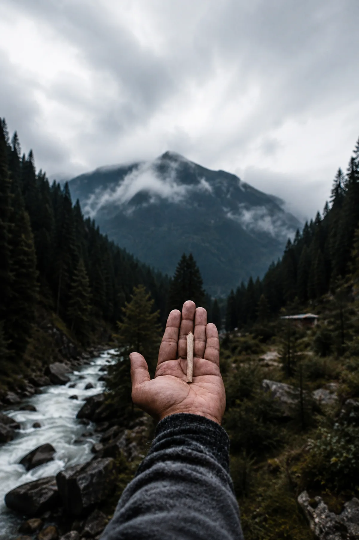 A hand holds a joint against the Himalayan mountains near Kasol